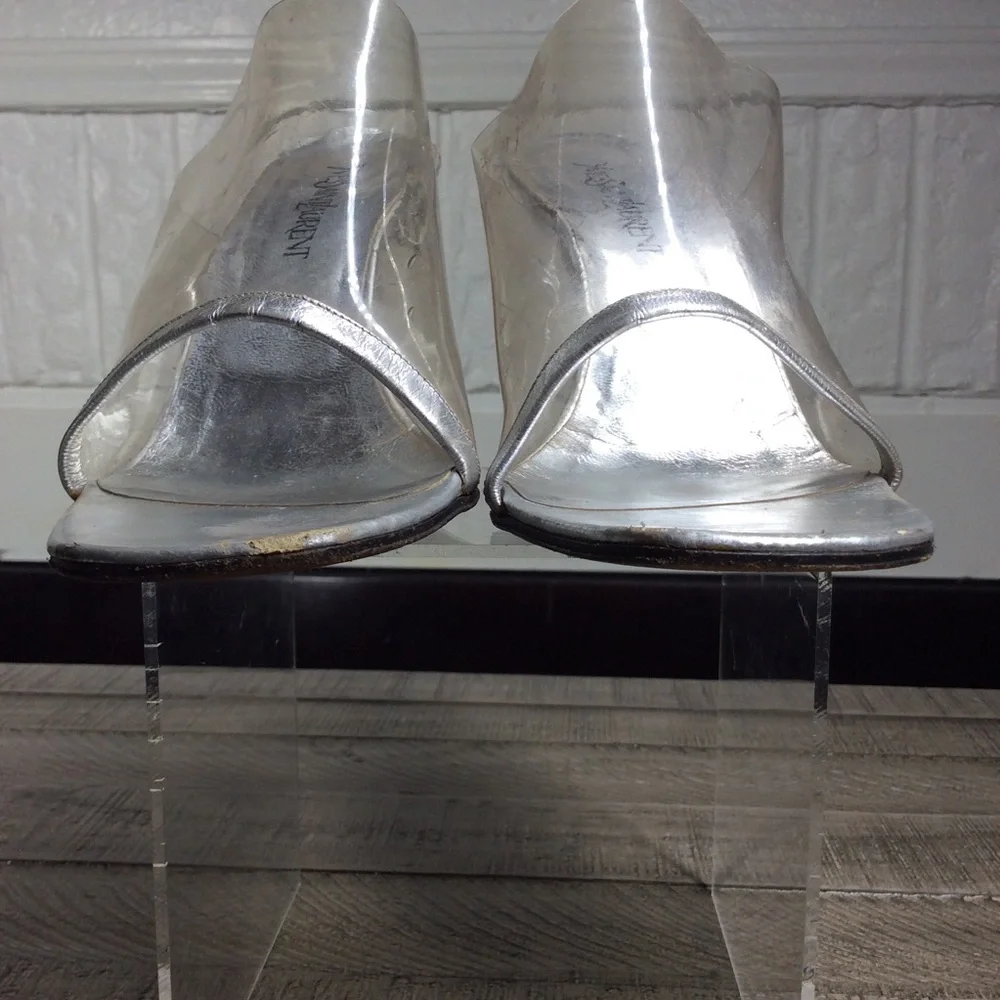 vintage Yves Saint Laurent silver and clear lucite mules with mirror finish